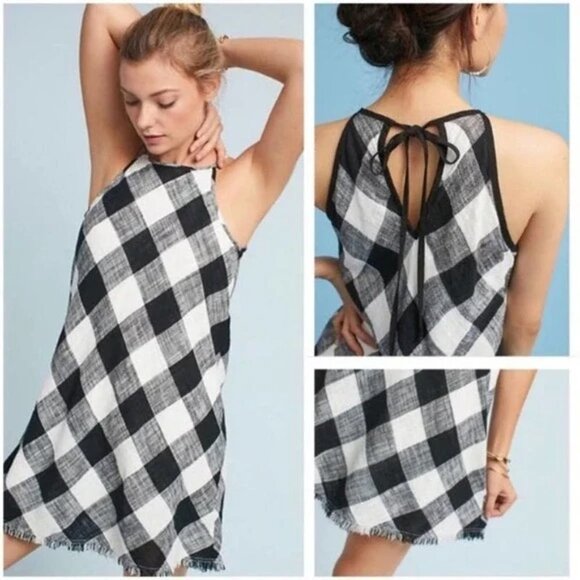 Cloth & Stone White Black Checker Gingham Mini Frayed Hem Halter Dress XS - Picture 1 of 13